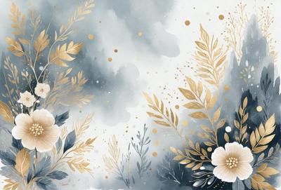 The primary subject of the image is a beautiful flower, which is the main focus of the scene. The setting is a cloudy sky, creating a moody atmosphere. The visual style is a combination of digital art and illustration, with the flower being the centerpiece of the artwork. The colors are predominantly gold and white, giving the image a warm and elegant feel.